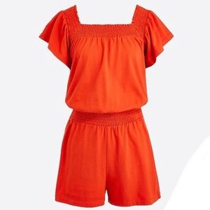 J Crew Factory Orange Smocked Square Neck Romper